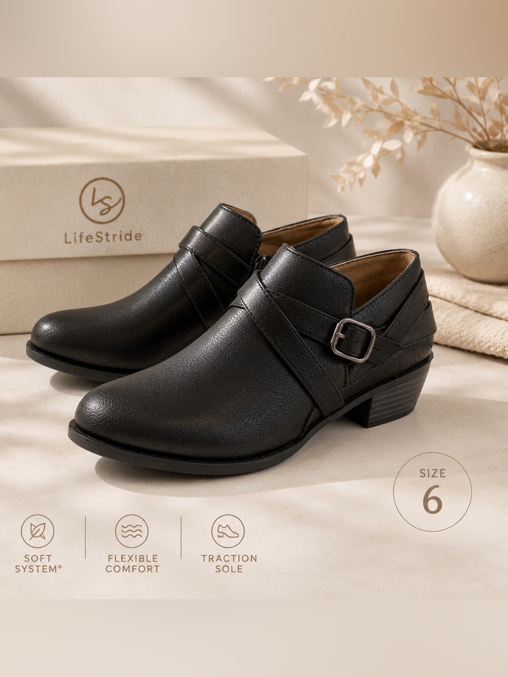 LIFE STRIDE Black Ankle Boots with Buckle and Chunky Heel/size 6